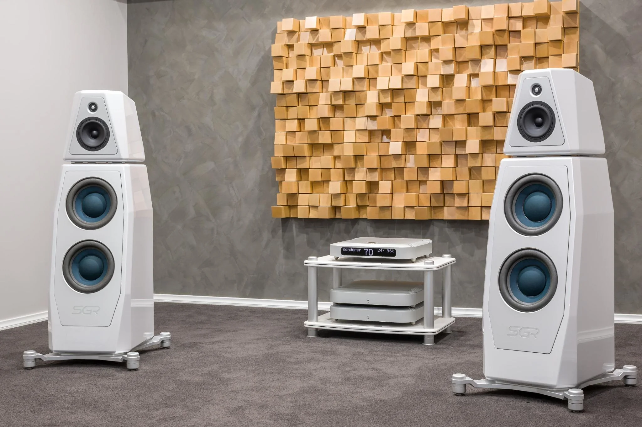 A pair of SGR Audio loudspeakers in a treated listening room with an audibleDNA renderer playing 24-bit 96 kHz audio